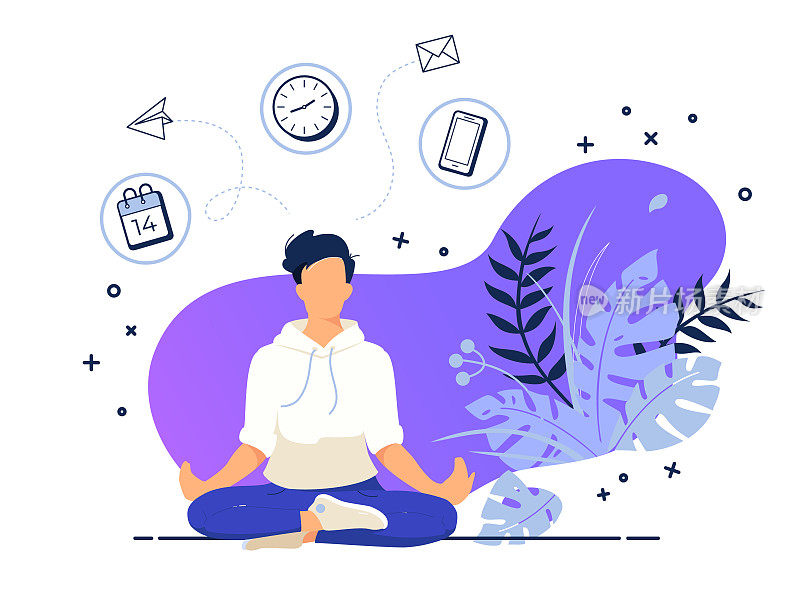 Vector illustration concept of businessman practicing meditation in office. The man sits in the lotus position, the thought process, the inception and the search for ideas. Practicing Yoga in work